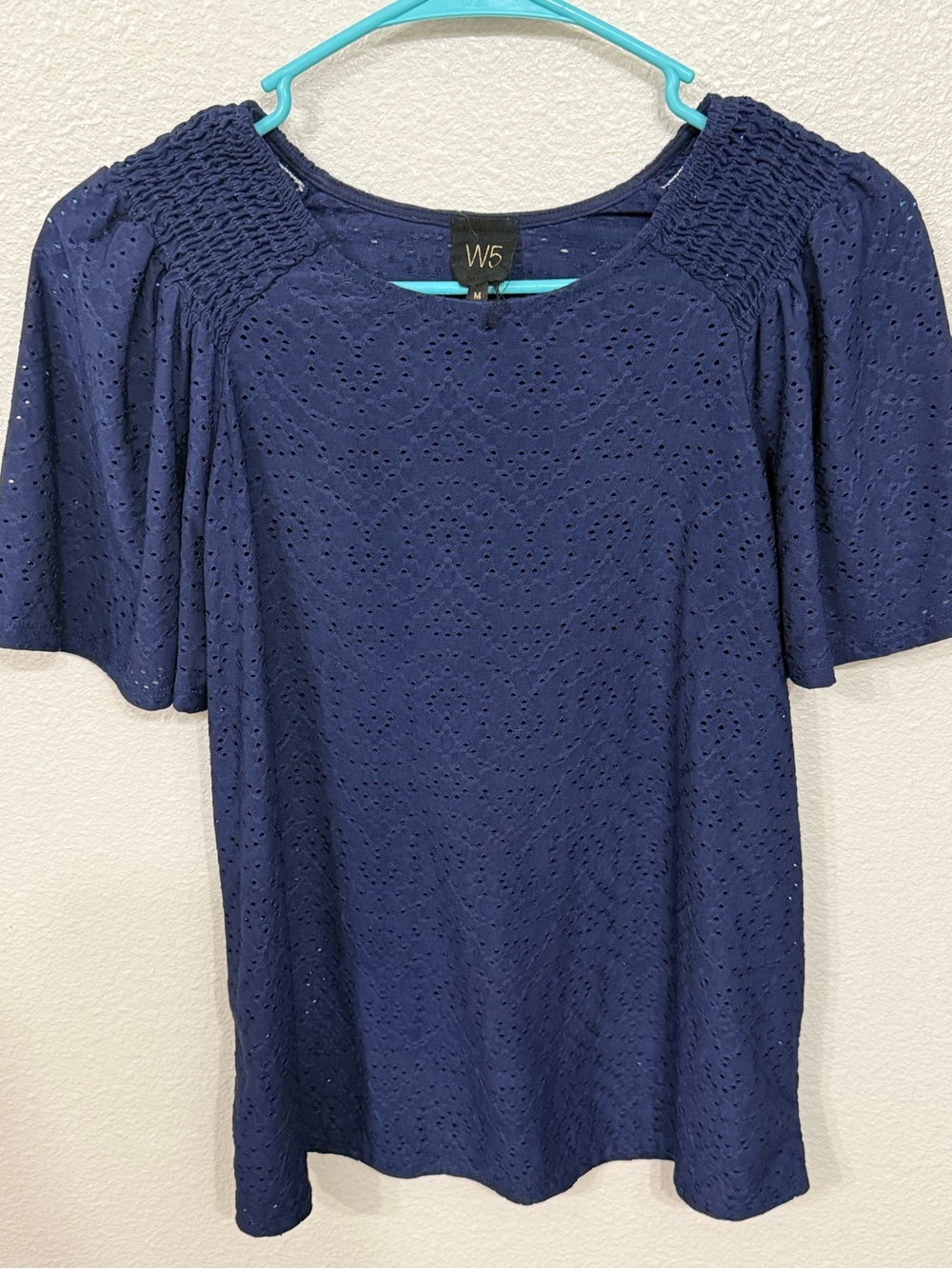 W5 Navy Eyelet Smocked Shoulder Short Sleeve Top